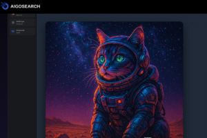 A vibrant cyberpunk-style image of a cat wearing a spacesuit, sitting on the surface of Mars with a starry cosmic background.
